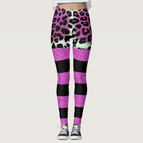 Chic Pink Leopard  Black Pink Glitter Stripes  Leggings