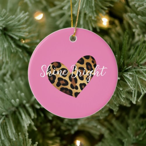 Chic Pink Leopard Print Heart Ceramic Ornament