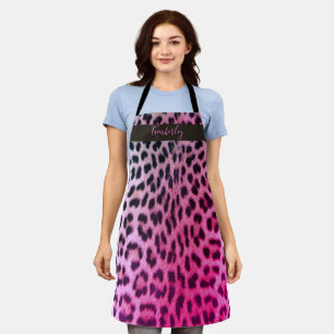 Chic Pink Leopard Print Script Name Apron