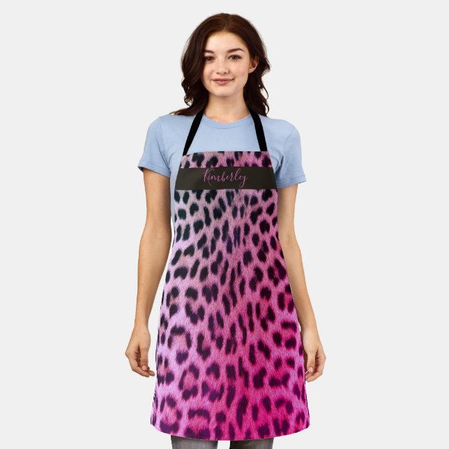 Chic Pink Leopard Print Script Name Apron (Worn)