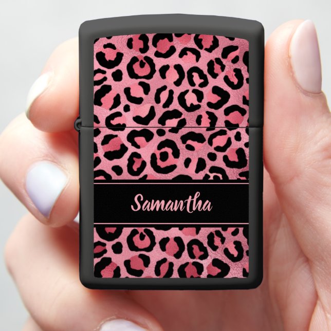 Chic Pink Leopard Print Trendy Foil Personalized Zippo Lighter (In Hand)
