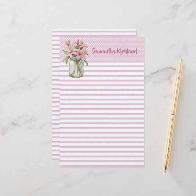 Chic Pink Lined Custom Stationery (Front/Back In Situ)