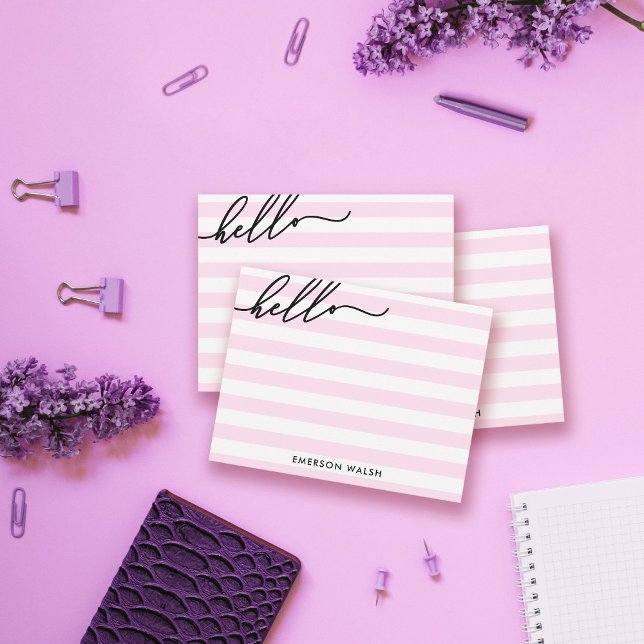 Chic Pink Lines Black Hello Add Name Note Card (Creator Uploaded)