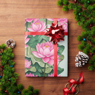 Chic Pink Lotus Flower Botanical Greenery Wrapping Paper