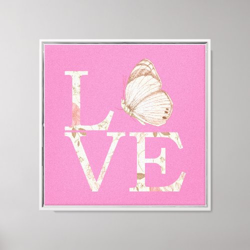 Chic Pink Love Butterfly Floral Canvas Print