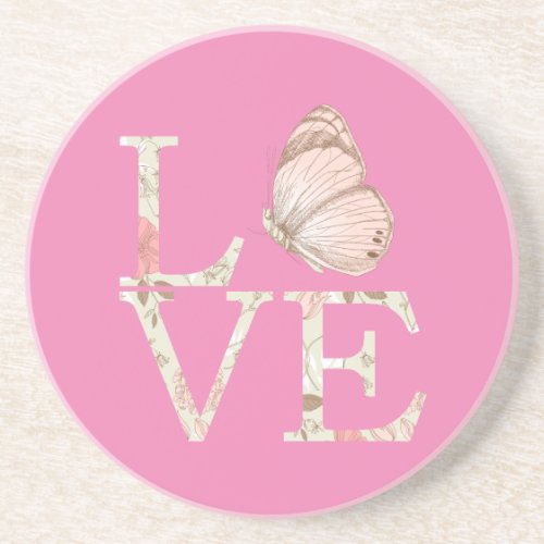 Chic Pink Love Butterfly Floral Coaster
