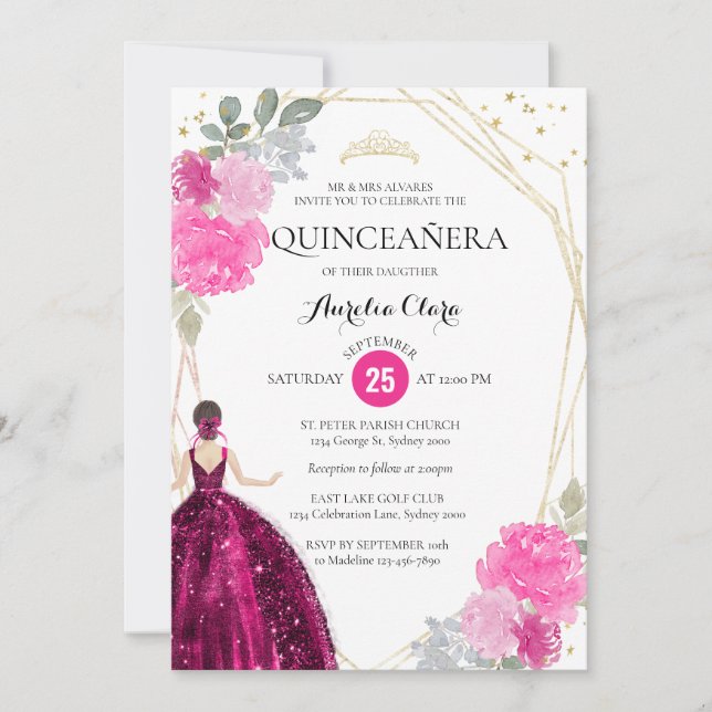 Chic Pink Magenta Floral Geometric Quinceañera Invitation (Front)