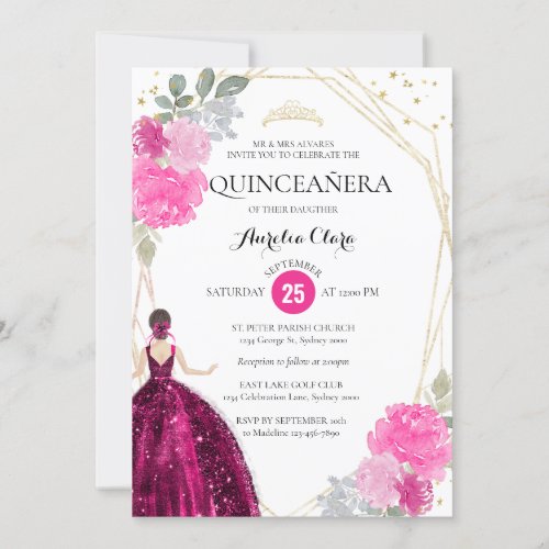Chic Pink Magenta Floral Geometric Quinceaera Invitation