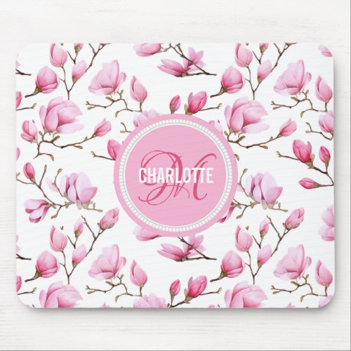 Chic pink magnolia pattern monogrammed name mouse pad