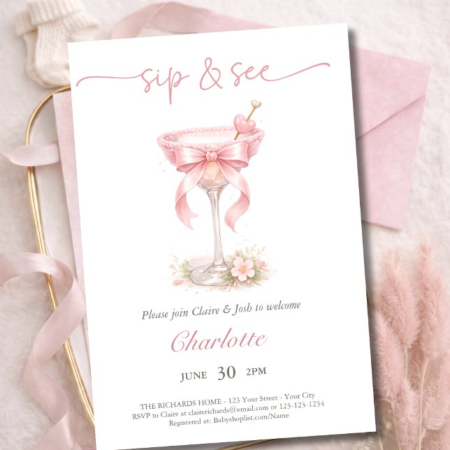 Chic Pink Martini Tini One Baby Girl Sip And See  Invitation (Creator Uploaded)