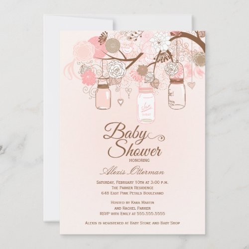 Chic pink mason jar floral baby shower invitation