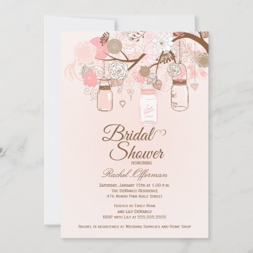 Chic pink mason jar floral bridal shower invite