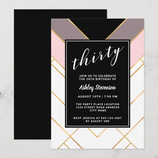 Chic Pink Mauve and Black Geometric 30th Birthday Invitation (Front/Back)