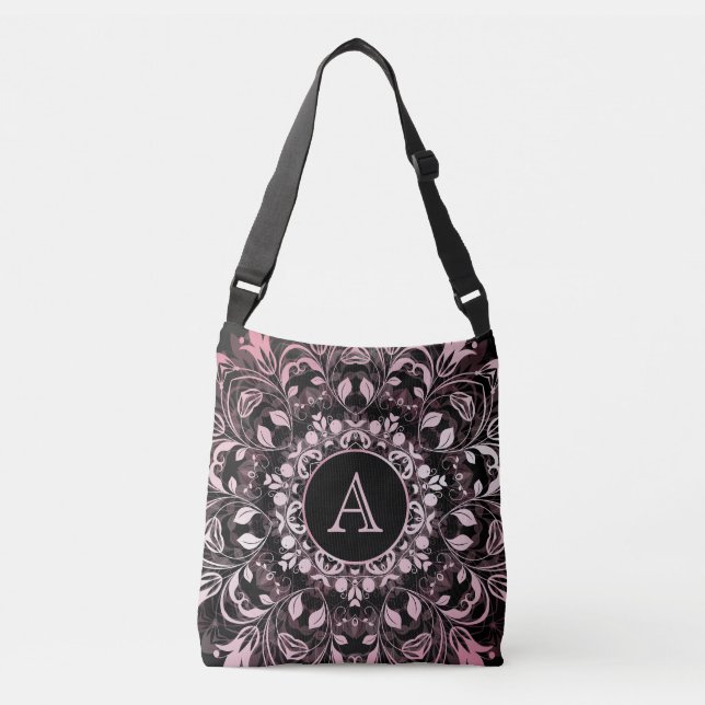 Chic Pink Metallic Black Mandala Monogram Crossbody Bag (Front)