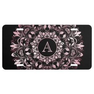 Chic Pink Metallic Black Mandala Monogram License Plate