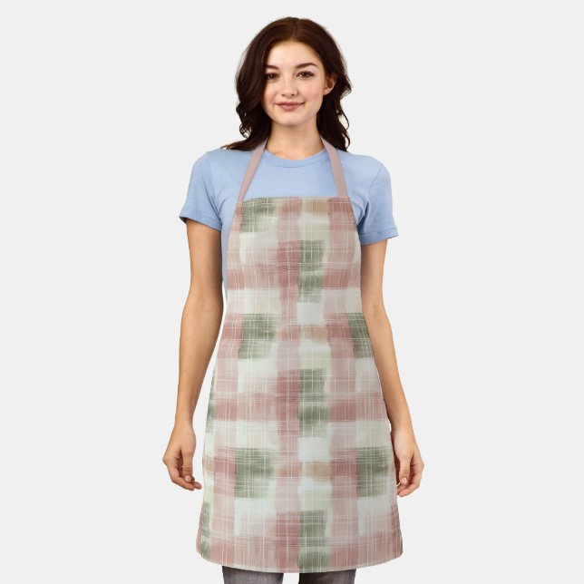 Chic Pink Mint Cream Plaid Stripes   Apron (Worn)