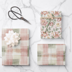 Chic Pink Mint Cream Plaid Stripes Birthday Wrapping Paper Sheets