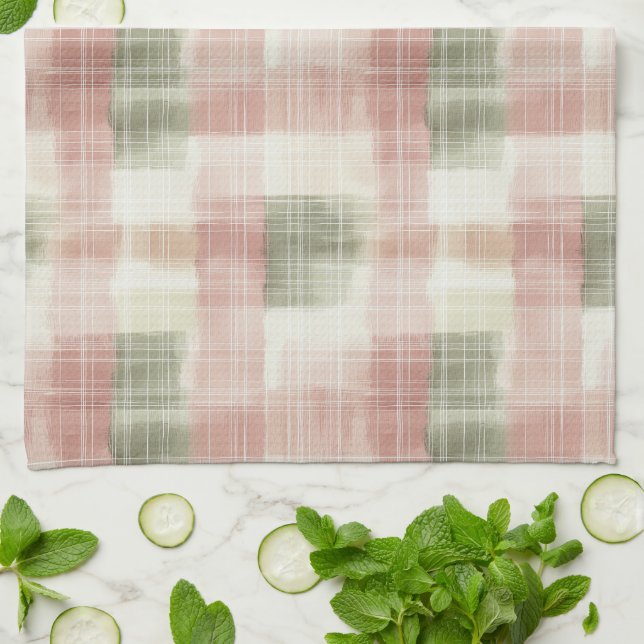 Chic Pink Mint Cream Plaid Stripes   Kitchen Towel (Folded)