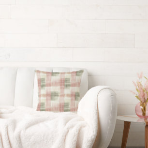Chic Pink Mint Cream Plaid Stripes Throw Pillow
