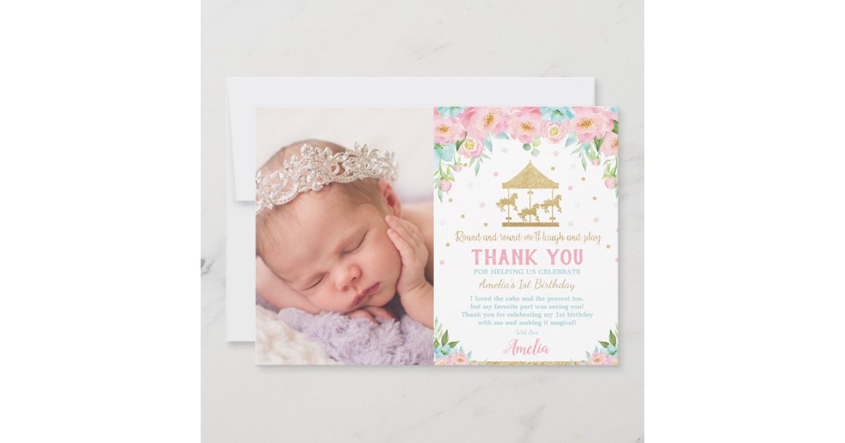 Chic Pink Mint Floral Carousel 1st Birthday Photo Thank You Card | Zazzle