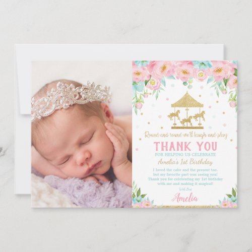 Chic Pink Mint Floral Carousel 1st Birthday Photo Thank You Card