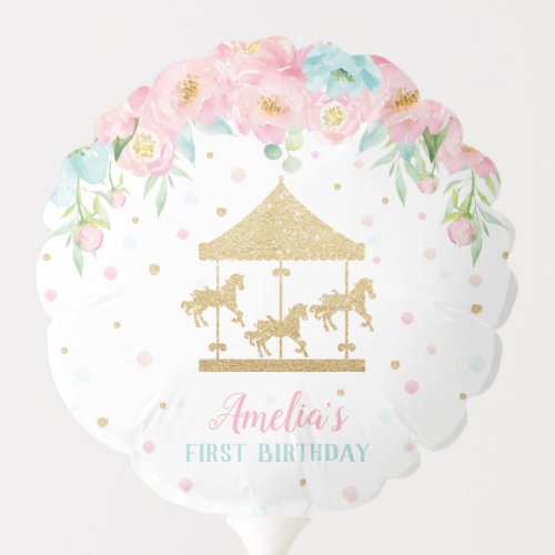 Chic Pink Mint Floral Carousel Birthday Party Balloon