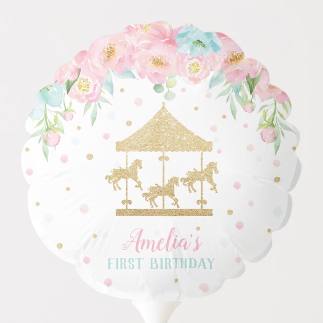 Chic Pink Mint Floral Carousel Birthday Party Balloon (Back)