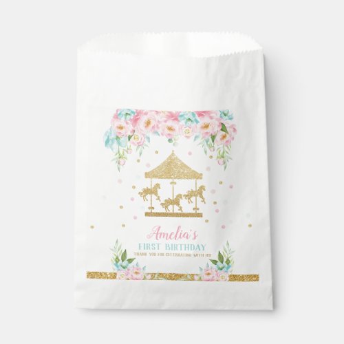 Chic Pink Mint Floral Carousel Birthday Party Favor Bag