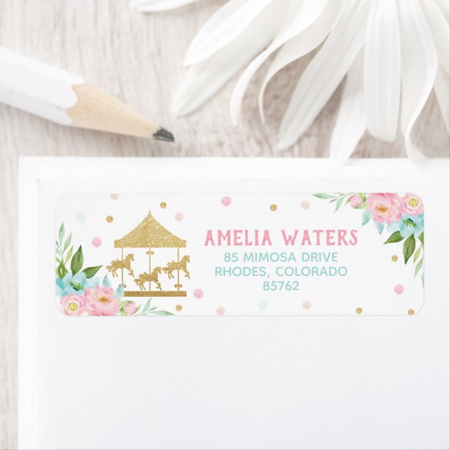 Chic Pink Mint Floral Carousel Birthday Party Label (Insitu)