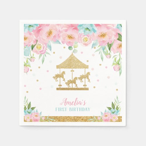 Chic Pink Mint Floral Carousel Birthday Party Napkins