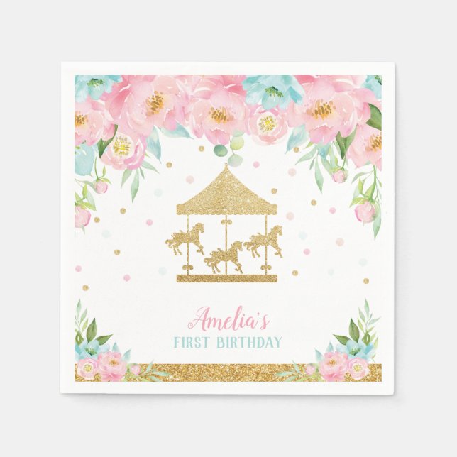 Chic Pink Mint Floral Carousel Birthday Party Napkins (Front)