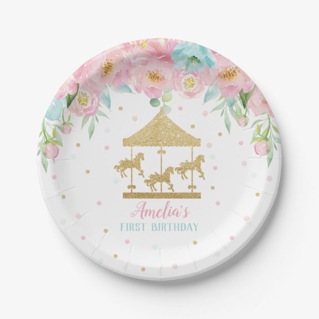 Chic Pink Mint Floral Carousel Birthday Party Paper Plates (Front)