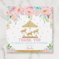 Chic Pink Mint Floral Carousel Birthday Thank You Favor Tags