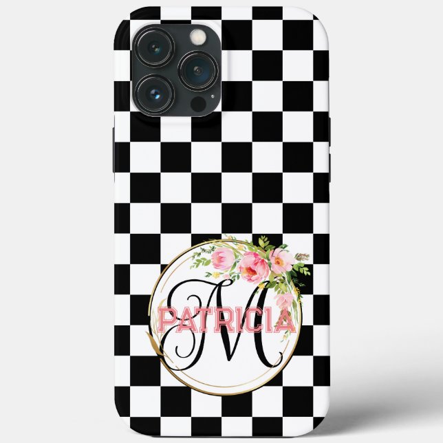 Chic pink monogram flower black & white checkered Case-Mate iPhone case (Back)