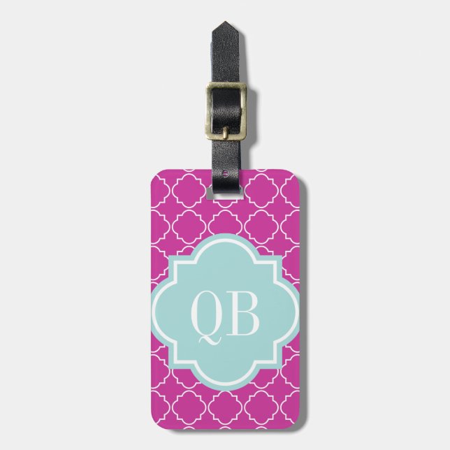 Chic pink moroccan lattice pattern luggage tag (Front Vertical)