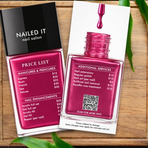 Chic Pink Nail Polish Bottle Nail Salon Price List Rack Card