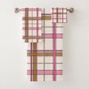 Chic Pink Navy Plaid Aesthetic Bath Towel Set