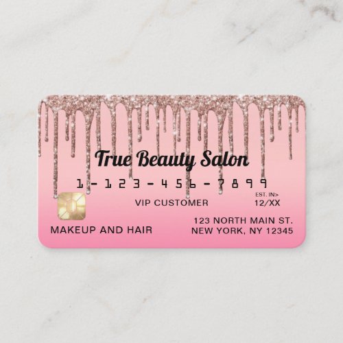 Chic Pink Ombre Rose Gold Glitter Drips Credit Business Card