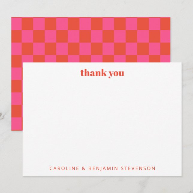 Chic Pink Orange Checkerboard Personalized  Thank You Card (Front/Back)