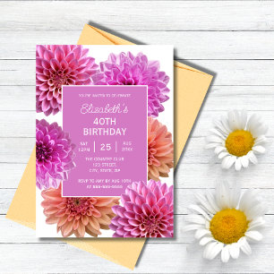 Chic Pink Orange Dahlia Floral 40th Birthday Invitation