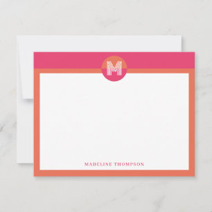 Chic Pink Orange Geometric Modern Monogram Note Card
