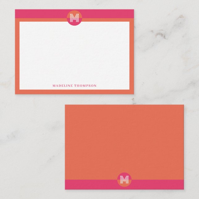 Chic Pink Orange Geometric Modern Monogram Note Card (Front/Back)