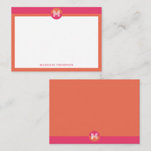 Chic Pink Orange Geometric Modern Monogram Note Card