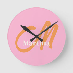 Chic Pink Orange Monogram Round Clock