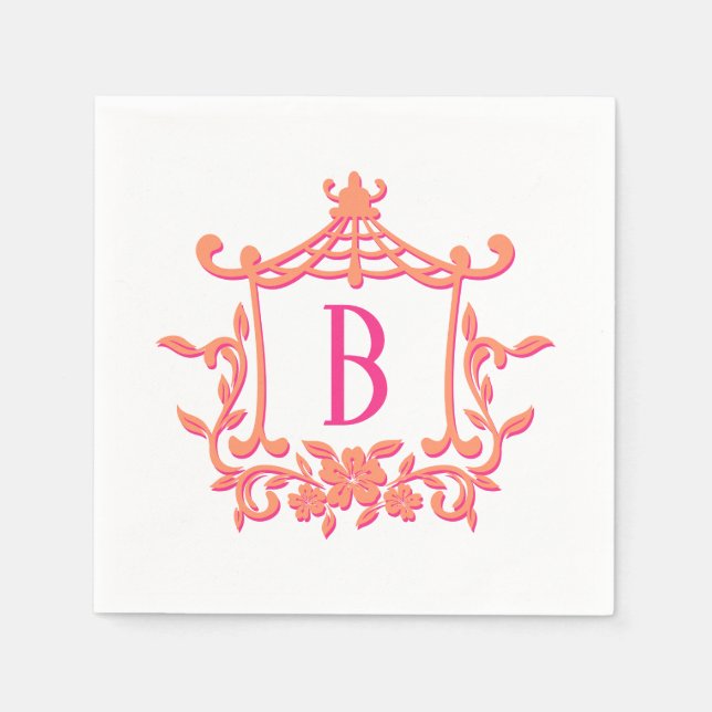 Chic Pink Orange Pagoda Frame Monogram Initial Napkins (Front)