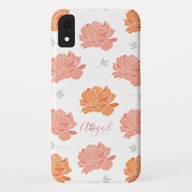 Chic Pink & Orange Peonies Pattern Monogram Case-Mate iPhone Case (Back)