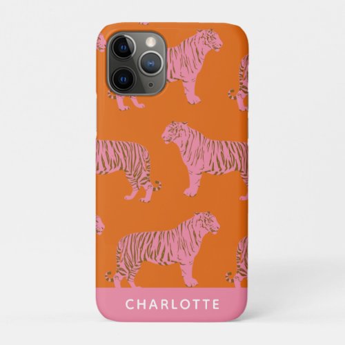 Chic Pink Orange Tiger Pattern Personalized Name iPhone 11 Pro Case