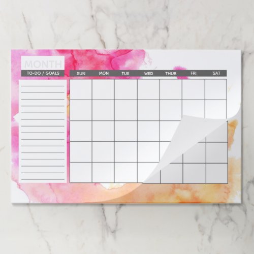 Chic Pink  Orange Watercolor Monthly Calendar Paper Pad