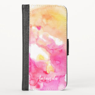 Chic Pink & Orange Watercolor Splash Monogram iPhone XS Wallet Case