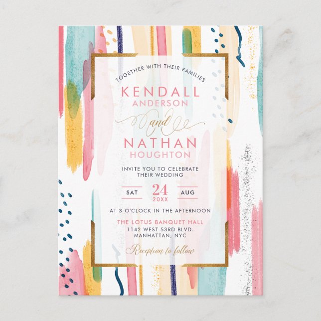Chic Pink Painted Brush Strokes Chic Wedding Invitation Postcard (Front)